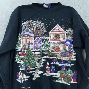 Vintage Christmas Art Turtle Bay Sweatshirt Mens M/L Snow Village Crewneck 90s